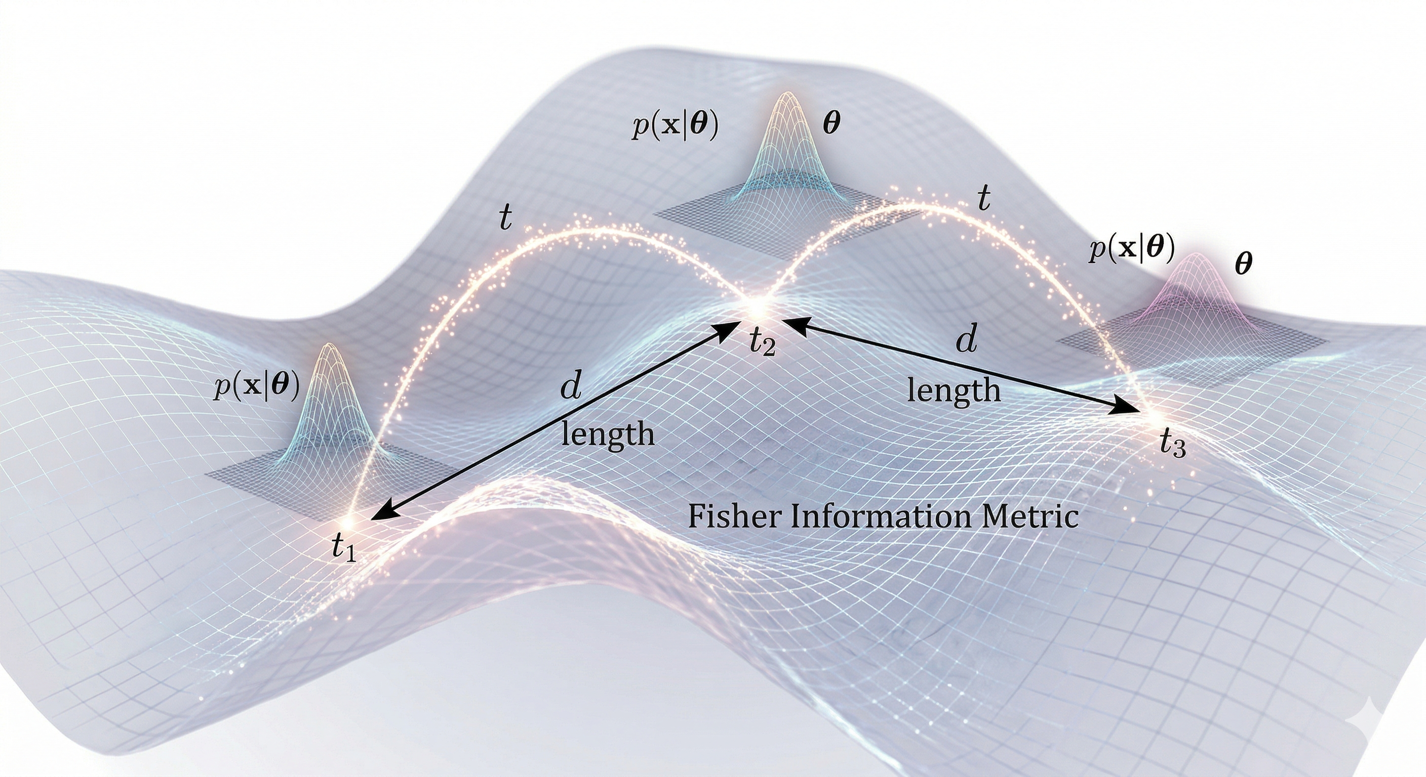 Statistical manifold showing probability distributions shifting along a curved path, with Fisher Information Metric distances marked between conversation turns