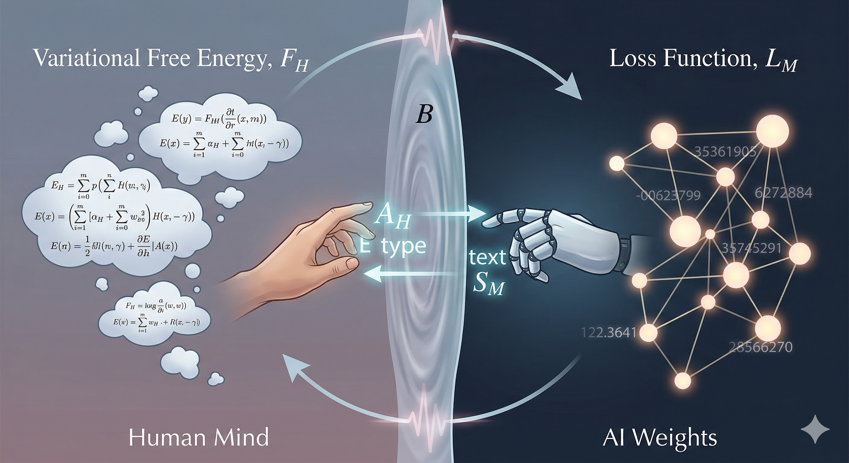 Diagram of human and AI separated by a translucent Markov blanket boundary, exchanging text while minimizing their respective free energies