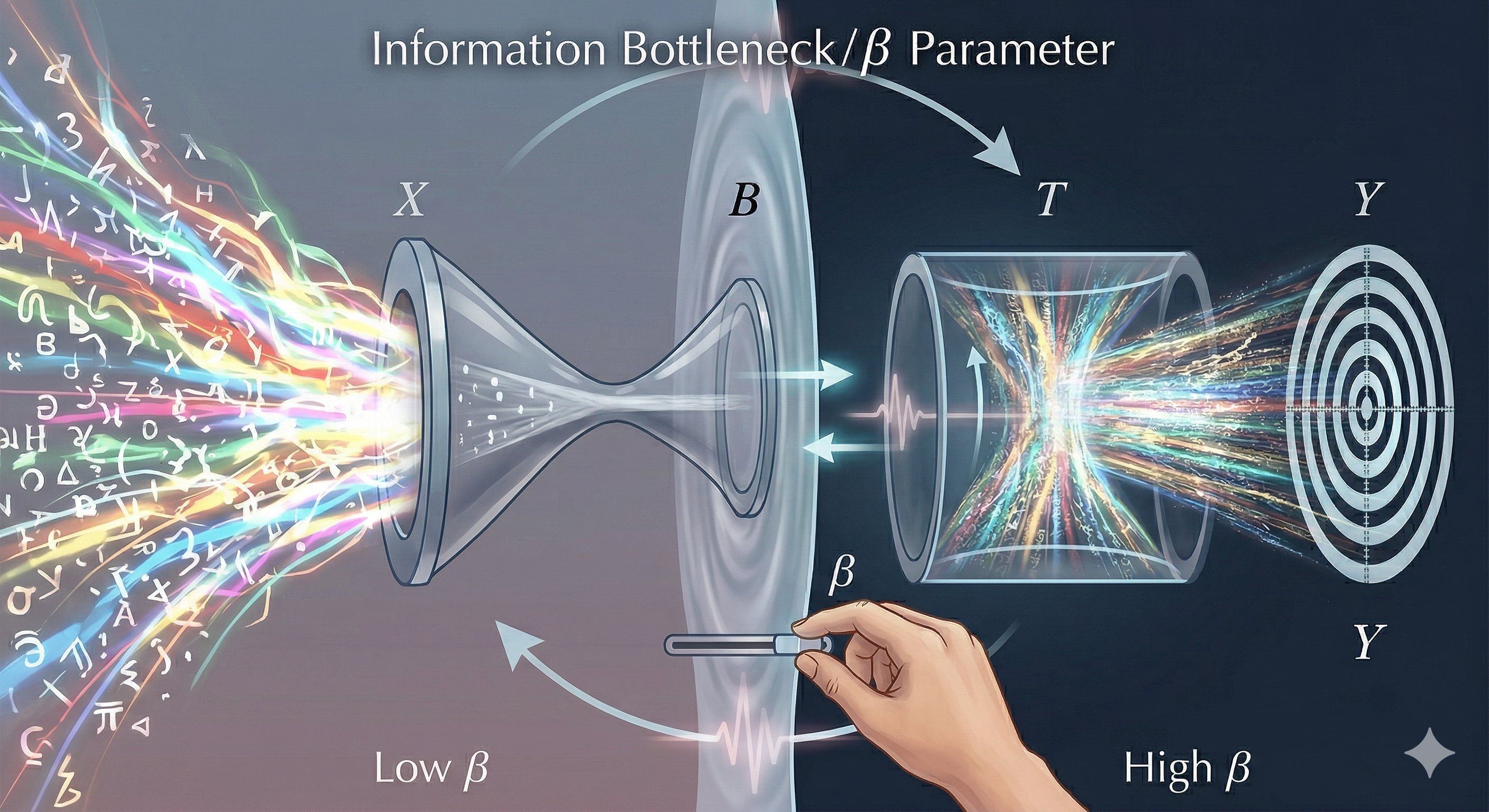 Information bottleneck visualization showing chaotic input narrowed through an adjustable hourglass mechanism controlled by a beta parameter slider