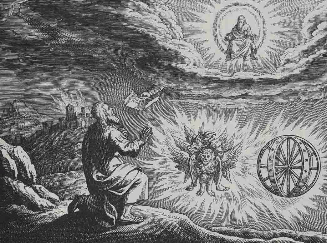 Engraving of Ezekiel's chariot vision showing the Merkavah — four-faced creatures, wheels within wheels, and the divine throne, by Matthaeus Merian, circa 1650
