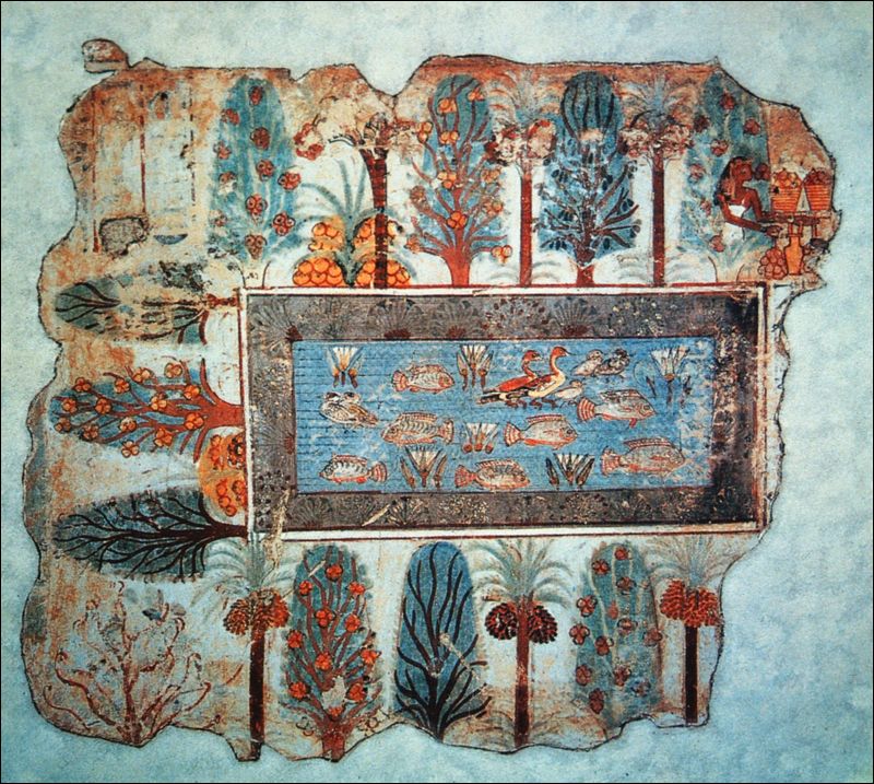 Ancient Egyptian fresco from the Tomb of Nebamun showing a garden pond surrounded by trees with blue lotus flowers floating on the water, circa 1350 BCE
