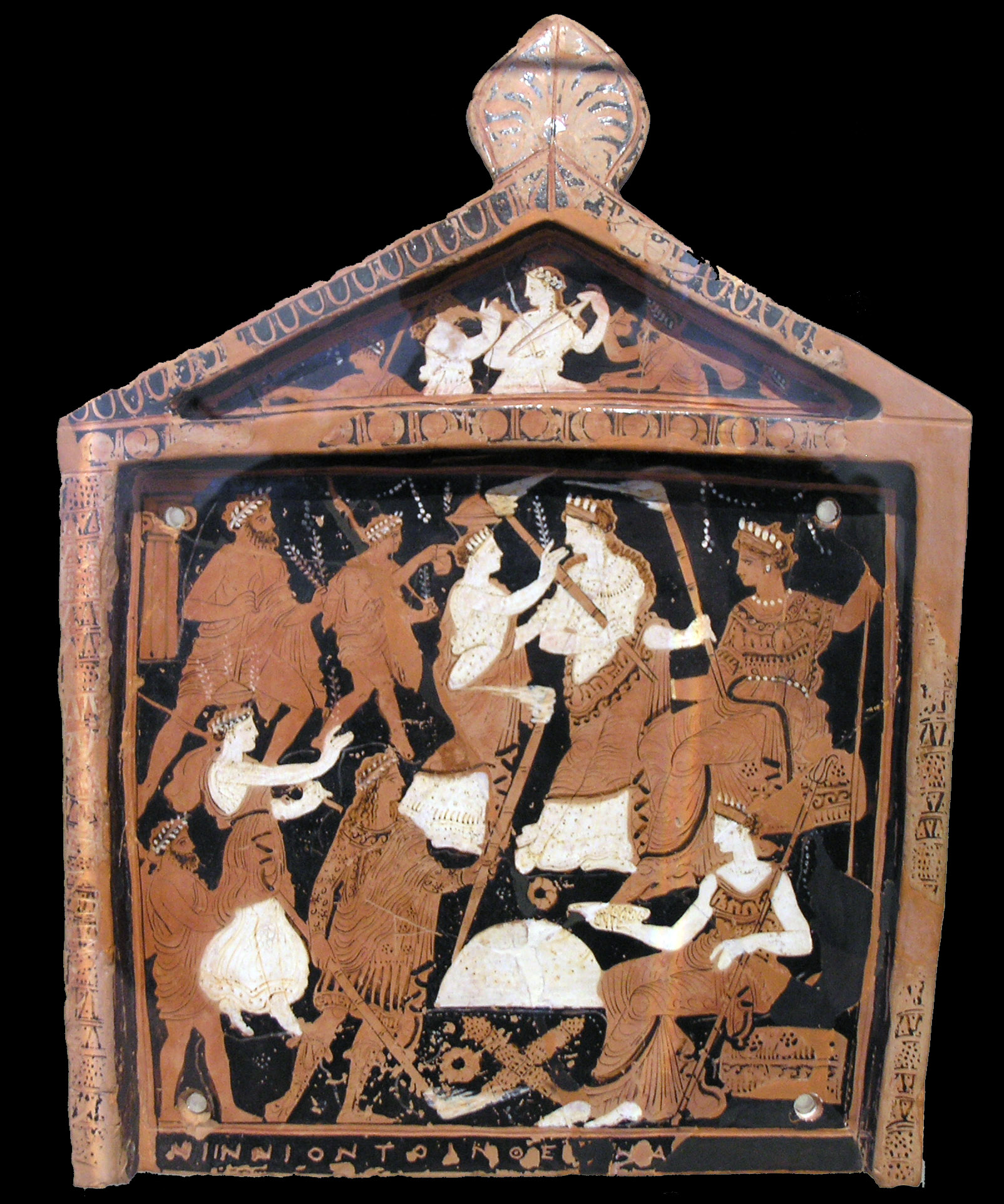 The Ninnion Tablet, a red clay votive plaque from circa 370 BCE showing figures participating in the Eleusinian Mysteries initiation rites, from the National Archaeological Museum of Athens